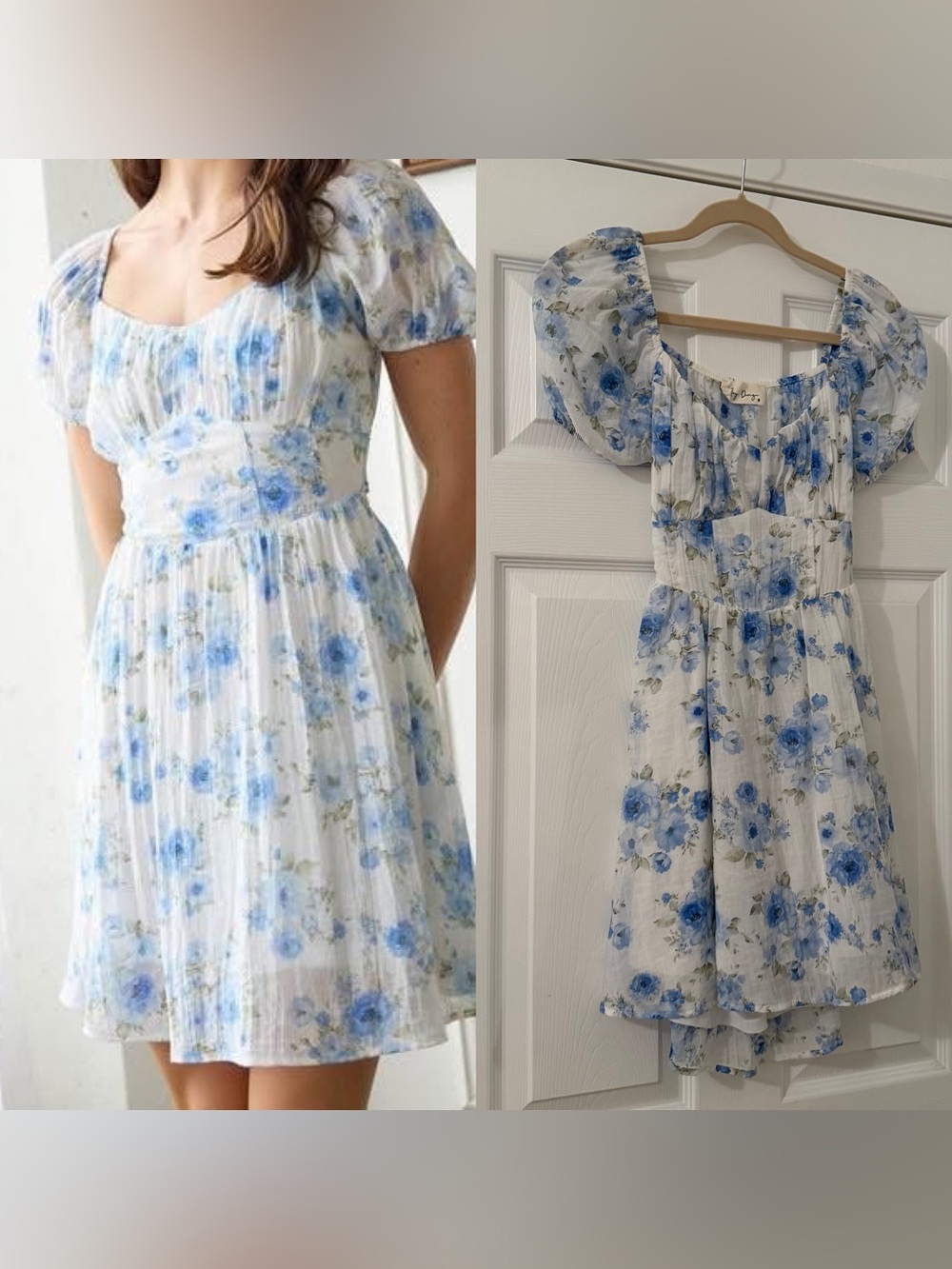 May Design White & Blue Floral Open Back Dress Worn Once